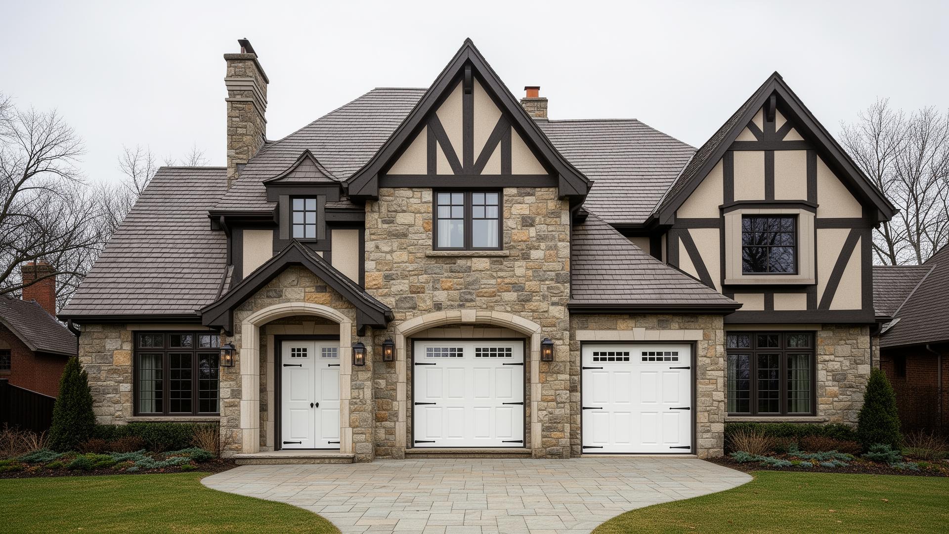 Beautiful Tudor style home with white raised panel steel garage doors in Rogue River, Oregon
